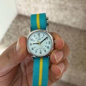 Timex Silver Watch with Blue and Yellow Strap unisex